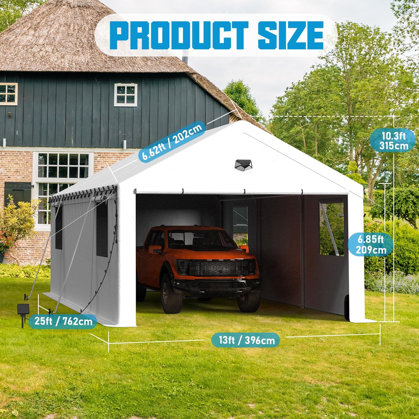 Benass 13x25 FT Heavy Duty Carport Canopy, Drive-Through Portable Garage with Roll-up Doors, Screened Windows, Removable Sidewalls, All-Weather Waterproof Shelter for SUV, Boat & Outdoor Storage