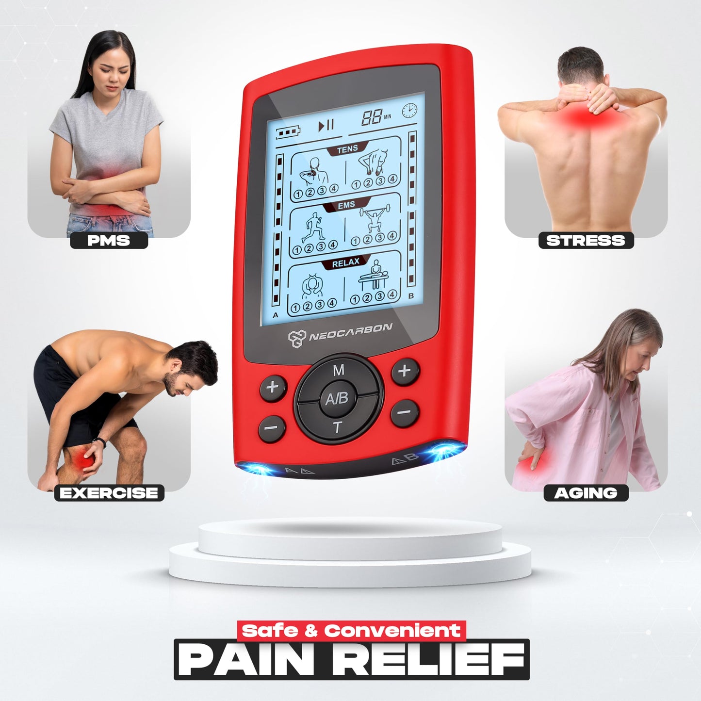 TENS Unit Muscle Stimulator, Electronic PMS Pulse Massager Machine for Shock Physical Therapy, Back Pain Relief, Shoulder Recovery, Red