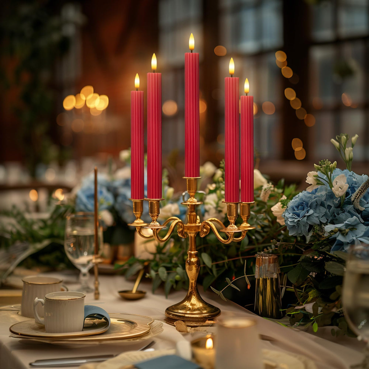 West Ivory 12 Pack, 10" LED Flameless Red Fluted Ribbed Grooved Taper Candles, Remote & 24h Timer Memory, On/Off Button, Dimmable, Flicker Mode, Battery Operated, Christmas Menorah Wedding
