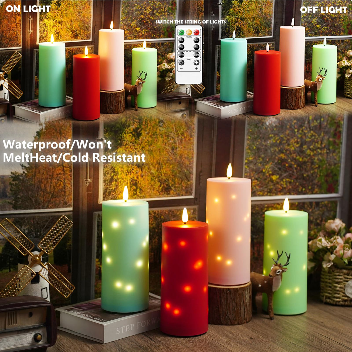 kakoya 10" x 4" Large Outdoor Waterproof Flickering Flameless Candles with Timer,2Pcs Battery Operated LED Pillar Candles with Embedded Star String for Outdoor Lanterns,Porch,Patio Decor(Green)