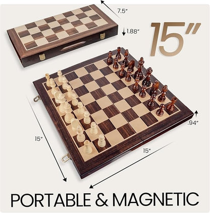 15 Magnetic Wooden Chess Set - Folding Portable Travel Chess Board - Hand Carved Pieces - Foam Storage Slots - 2 Extra Queens - Tournament and Beginner Play - Adults and Kids