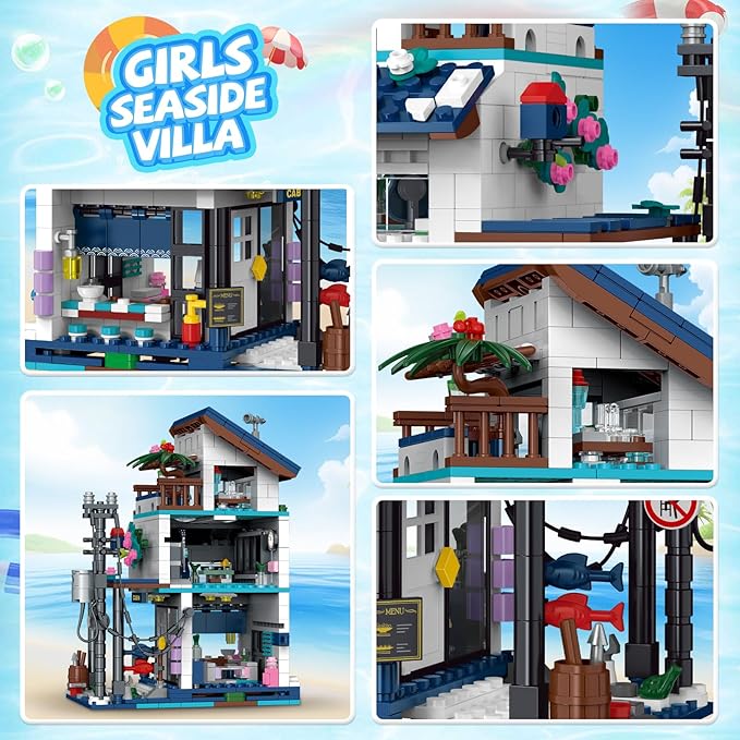 3 in 1 Beach House Building Set Compatible with Lego Friends Seaside Villa Construction Educational Toy with Light Birthday Gift for Kids Girls Aged 8-12 (813 PCS)