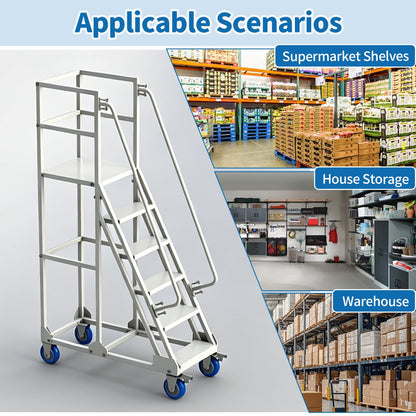6-Step Rolling Ladder with Handrails Lockable Wheels, Rolling Stairs with 51" Heigh Anti-Slip Platform with Fencehail, Industrial Platform Ladder for Supermarket Warehouse Factory, 19.6" W x74.7 H