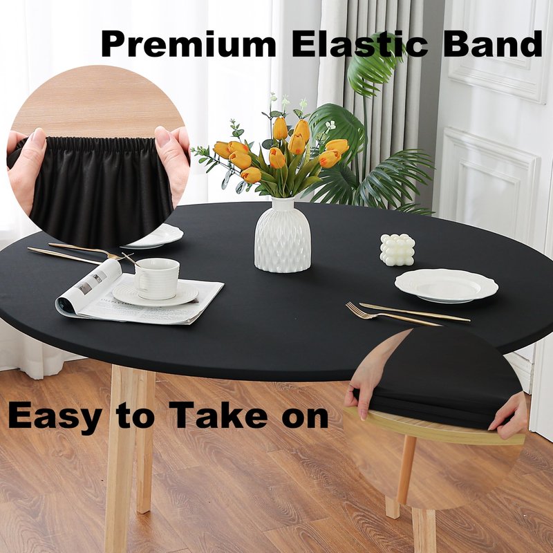Limalred Fitted Spandex Round Tablecloth, Soft Skin Friendly Non Pilling Breathable Fabric Table Cover with Elastic Band for Dining Gathering Party Banquet Decoration 48 Inch Black