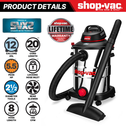 Shop-Vac 5989505 12 Gallon Wet/Dry Vacuum, 5.5 Peak HP, SVX2 Motor, Stainless Steel Tank, 2.5 Inch Diameter x 8 Ft Hose, 20 Ft Cord, Blower Feature with Accessories