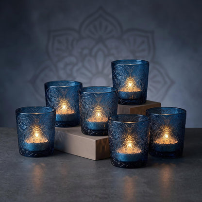 6 Pack Mandala Embossed Glass Candle Holders – Votive Tealight Holders with Patent Design, Decorative Embossed Glass Cups for Wedding Centerpieces, Parties, and Home Décor (Ocean Blue)