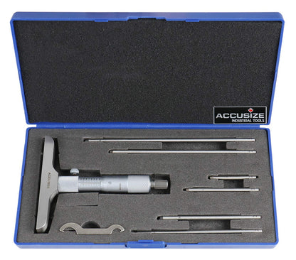 Accusize Industrial Tools 0-6'' by 4'' Base Depth Micrometer, 0.001'' Resolution, 6 Rods, 2025-4201