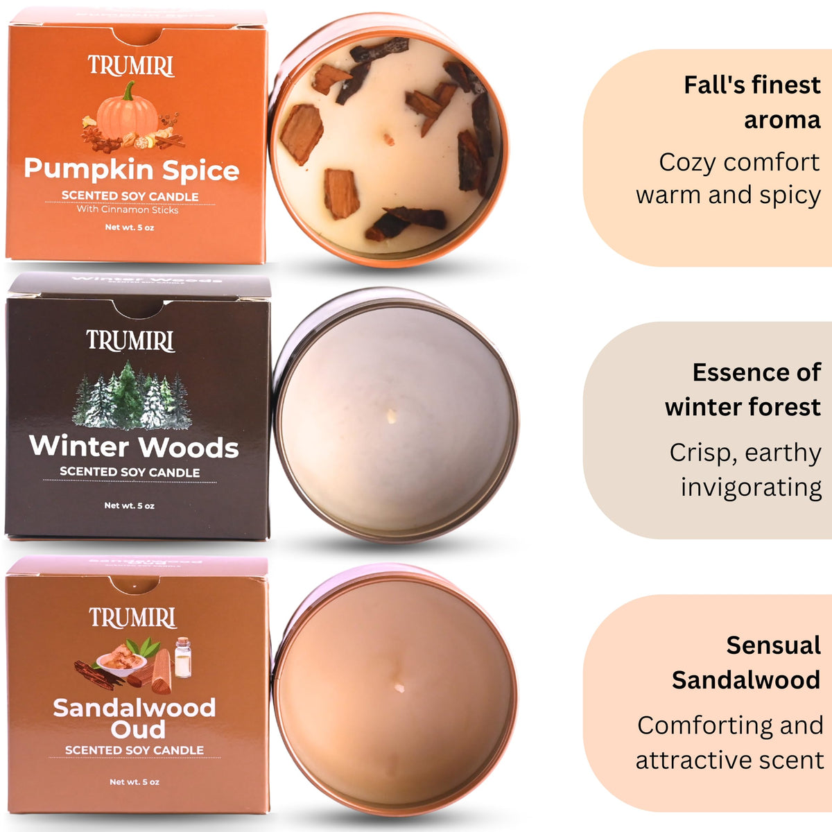 Winter Woods, Pumpkin Spice, Sandalwood Oud - Soy Candles Non Toxic - Highly Scented Long Lasting with Essential Oils - Variety Pack of 3 x 5oz - for Home Aromatherapy Meditation Gift Travel
