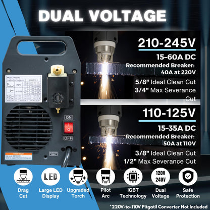 LOTOS Apex LTP6010D 60A Plasma Cutter, Drag-Cut Ready & Up to 20% Faster, 5/8" Clean (3/4" Sever), Non-Touch Pilot Arc, New-Design Torch, Dual-Voltage 110/220V, LED Panel, Front Regulator