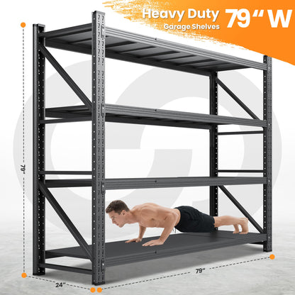 79”W Garage Shelving Heavy Duty, 6000LBS Metal Storage Shelves, 24” Deep Storage rack shelf, Steel Tall Industrial Shelving , 4 Tier Adjustable Standing Shelf for Warehouse / Shop 79"W x 24"D x 79"H