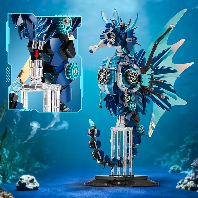 BNG Mechanical Seahorse Building Set for AdultMovable Ocean Animal with Display StandSea Fish Building Block ToyHome Decor Gift for Adults Teens Kids Boys Ages 8+(1003PCS)