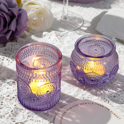 WELLIFE 24-Piece Purple Glass Votive Candle Holders Set – Tealight Candle Holder Glass Bulk with 12 Round & 12 Sunflower Textured Cups, Purple Votive Candle Holders for Weddings, Parties, Home