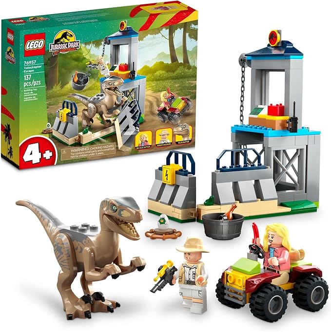LEGO Jurassic Park Velociraptor Escape 76957 Learn to Build Dinosaur Toy for Boys and Girls Gift for Kids Aged 4 and Up Featuring a Buildable Dinosaur Pen Off-Roader Vehicle and 2 Minifigures