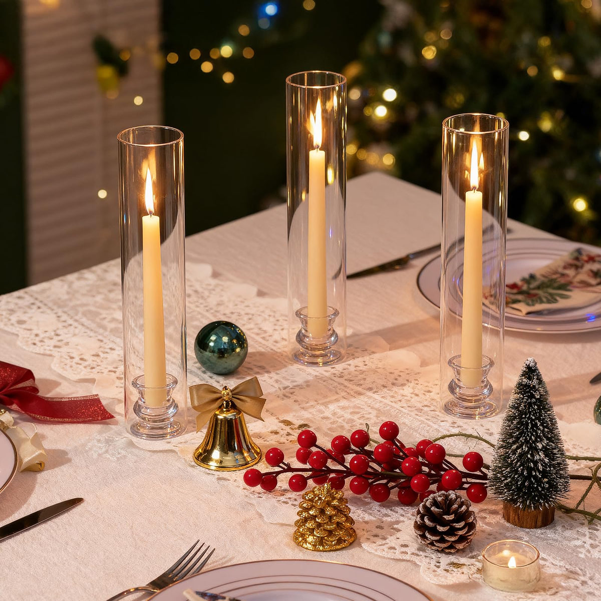 Hurricane Glass Candle Holders Set of 16, 11.8" H Clear Cylinder Windproof Candle Holder Chimney Tubes, Taper Glass Candlestick Holders for Home Decor Wedding Party Table Centerpieces