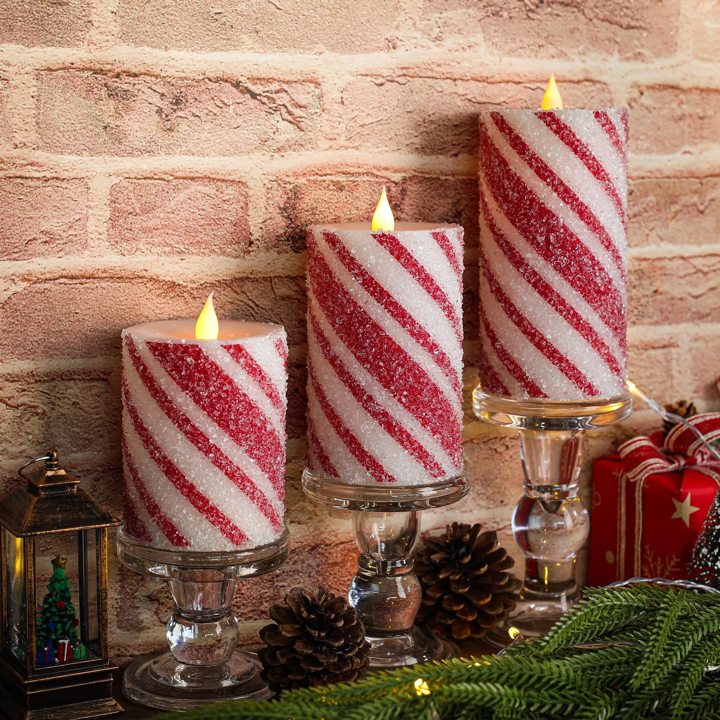 Christmas Flameless Pillar Candles Decor - 3PCS Candy Cane Stripe Real Wax Red and White LED Candles with Battery Operated for Home Christmas, New Year, Winter Wedding Party Decoration or Gift