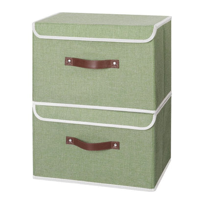 ANMINY 4PCS Storage Bins with Lid PU Leather Handles Storage Boxes PP Plastic Board Decorative Foldable Lidded Cotton Linen Fabric Home Cubes Baskets Closet Organizer Containers - Green, Large Size