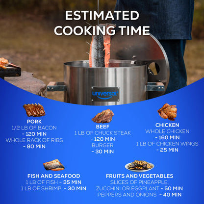 Universal 20-pound Stainless Steel (25-servings) Charcoal Barrel Smoker with Thermometer & Airlock system - 20.5"x 29.6" x ⌀15.5", 2 in 1 Vertical Grill and Smoker, Slow Cooking Barrel