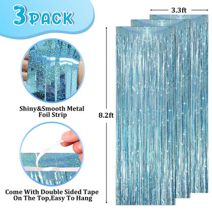 Voircoloria 3 Pack 3.3 x 8.2 ft Laser Blue Foil Fringe Backdrop Curtains, Tinsel Streamers Party Decorations, Fringe Backdrop