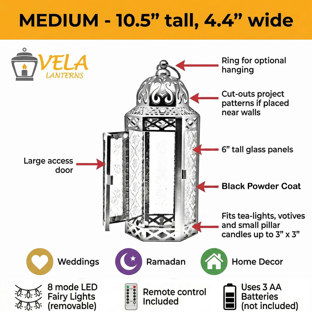Vela Lanterns Decorative Indoor Moroccan Candle Holder & LED Fairy Lights -Twinkle Turkish Lamp, Fantasy Home Decor Table Centerpieces, Hanging Outdoor Patio Porch Wedding Ramadan (10.5", Clear)