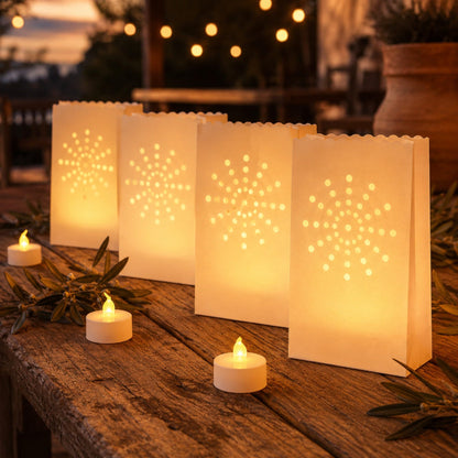 AceList 30 Sunburst Luminary Bags with Flameless Candles & Batteries - Reusable Outdoor Luminaries for Christmas Driveway, Walkway & Party - Moisture-Resistant Coated Paper Lanterns Set