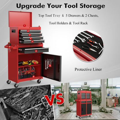 Goplus Rolling Tool Chest, 5-Drawer Tool Box Organizer w/Lockable Wheels & Sliding Drawers & Detachable Top & Adjustable Shelf, Tool Storage Cabinet for Garage Workshop (Red+Black)
