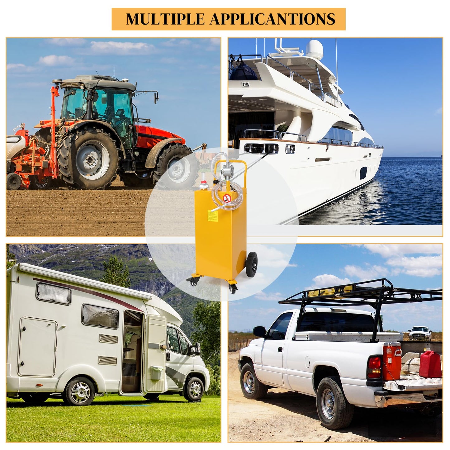AutoForever 30-Gallon Oil Transfer Fluid Diesel Fuel Storage Tanks Gas Caddy Storage Diesel Kerosene Storage Containers with Rolling Flat-Free Solid Rubber Wheels for Boat, ATV, Car, Motorcycle Yellow