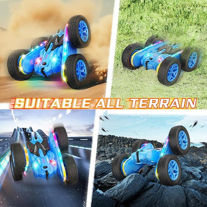 Remote Control Car Rc Cars Stunt Toys New Upgraded Strip Lights and Headlights Toys Double-Sided 360° Rotating 4WD Drift Truck for Boys Girls Birthday Gift (Blue)