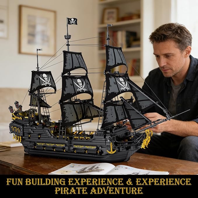 Reobrix Pirate Ship Building Set with LED Lights Collectible Large Black Pearl Model Kit Black Ship Building Toys for Adults 66036 Ship Sailboat for Home Decor Gift for Pirate Ship Fans 14+