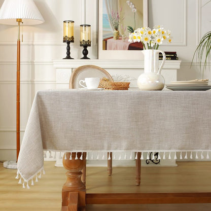 Laolitou Rustic Cotton Linen Table Cloth,Tablecloths for 6 Foot Rectangle Tables,Waterproof Washable Tablecloth with Tassel Rectangle/Oblong, 55''x 86'', 6-8 Seats