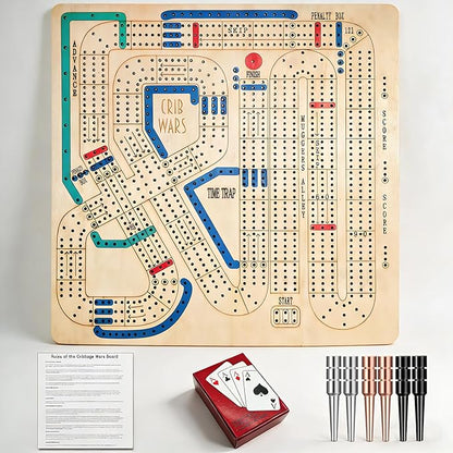 Cribbage Wars Board Game - 2026 Large Wooden Cribbage Set with Traps Classic Board Game for Family Night &amp Bar Gatherings (35 x 35cm) (Wooden)