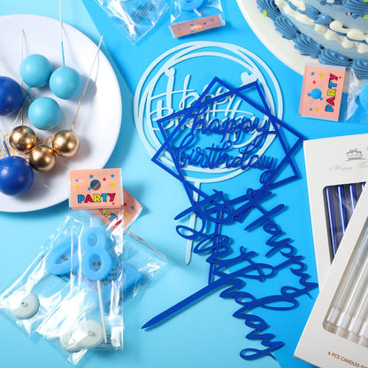Yerliker 34 Pcs Happy Birthday Cake Toppers Decorations Birthday Candles DIY Cake Decor for Men Women Wedding Anniversary(Navy Blue)