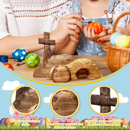 Wooden Nativity Scene, Jesus Resurrection Empty Tomb Easter Decor, Religious Cross & Tiered Tray Set for Home or Tabletop (Empty Tomb)