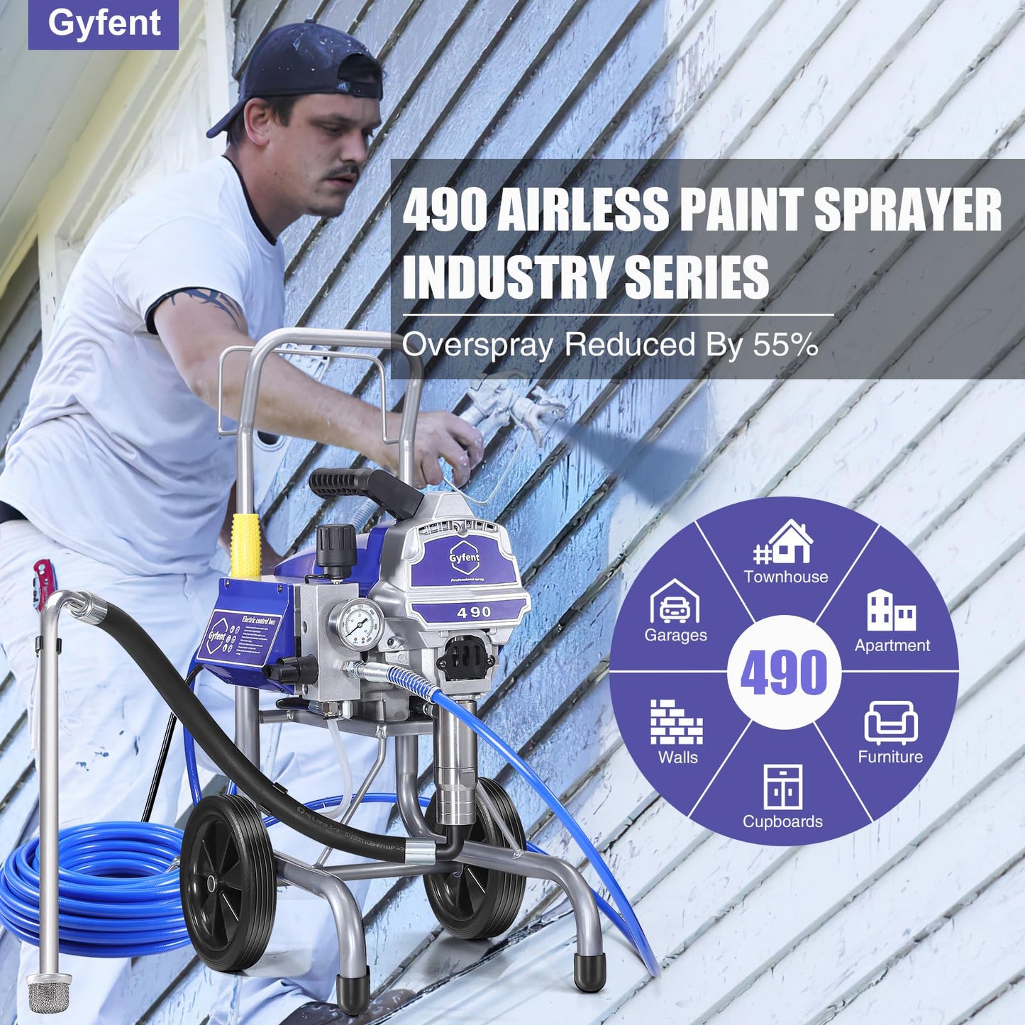 Gyfent 490 Airless Paint Sprayer, 0.60GPM Paint Sprayer for Home Interior 3300psi 1300W High Efficiency Airless Sprayer with Low Overspray for House Painting Townhouse