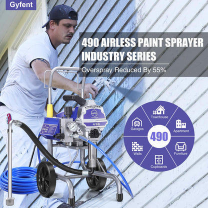 Gyfent 490 Airless Paint Sprayer, 0.60GPM Paint Sprayer for Home Interior 3300psi 1300W High Efficiency Airless Sprayer with Low Overspray for House Painting Townhouse