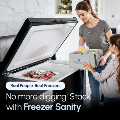 FREEZER SANITY The Original Chest Freezer Organizer Bins, Stackable Storage Organizers, Deep Freezer Dividers, Handles, Heavy-Duty, Waterproof (Large 19x14x9)