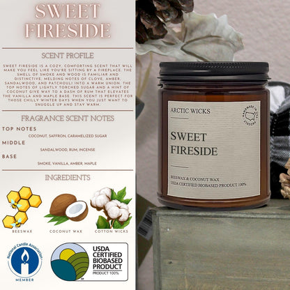 Arctic Wicks Scented Coconut Beeswax Candles | Coconut Beeswax Non Toxic Candle 9oz Amber | Farmhouse Candles Non-Toxic Clean Burn 100% USDA Certified Biobased (Sweet Fireside)