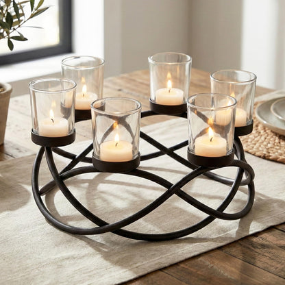 Seraphic Candle Holder Centerpiece for Tables, Outdoor Patio Umbrella Centerpieces, Round Dining Room Table Decor, Wrought Iron 6 Cup Candelabra, Modern Rustic Kitchen Island Tabletop, Black/Clear