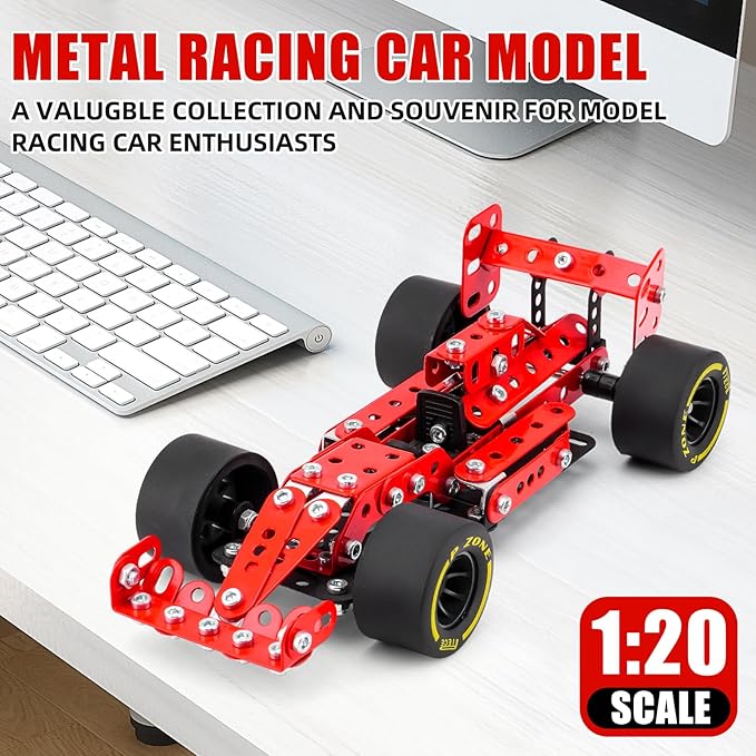Building Car Metal Model KitsSTEM Building Toys Model Car Kits for Boys 8-12Erector Sets 1:20 Scale Red Racing Car Metal Building Blocks for Kids Boys 8 9 10 11 12-16 Years Old