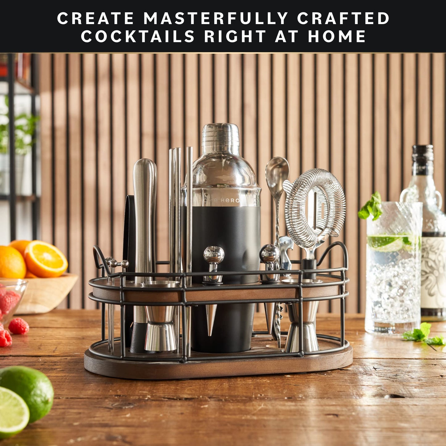 Home Hero Elegant Bartender Kit with Wooden Stand, Premium Bar Set & Cocktail Shaker, Gift for Home Bar and Cocktail Enthusiasts, Essential Bar Accessories with Recipe Book (22 Pcs - Silver)