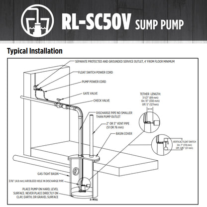 Red Lion RL-SC50V Submersible Water Pump, Heavy Duty Automatic Sump Pump with Vertical Float Switch, 1/2 HP, 4300 GPH, Cast Iron