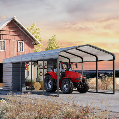 EROMMY 12x25 FT Metal Carport with Side Storage, Heavy Duty Enclosed Carport with Lockable Storage Room, Galvanized Steel Vehicle Shelter for Car, Truck & Tools