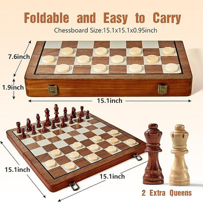 MerryPony 2 in 1 Magnetic Wooden Chess and Checkers Set 15 Foldable Chess set for Adults &amp Kids Chess Board with 2 Extra Queens Travel Chess Set with Pieces Storage Slots Ideal Chess for Begi