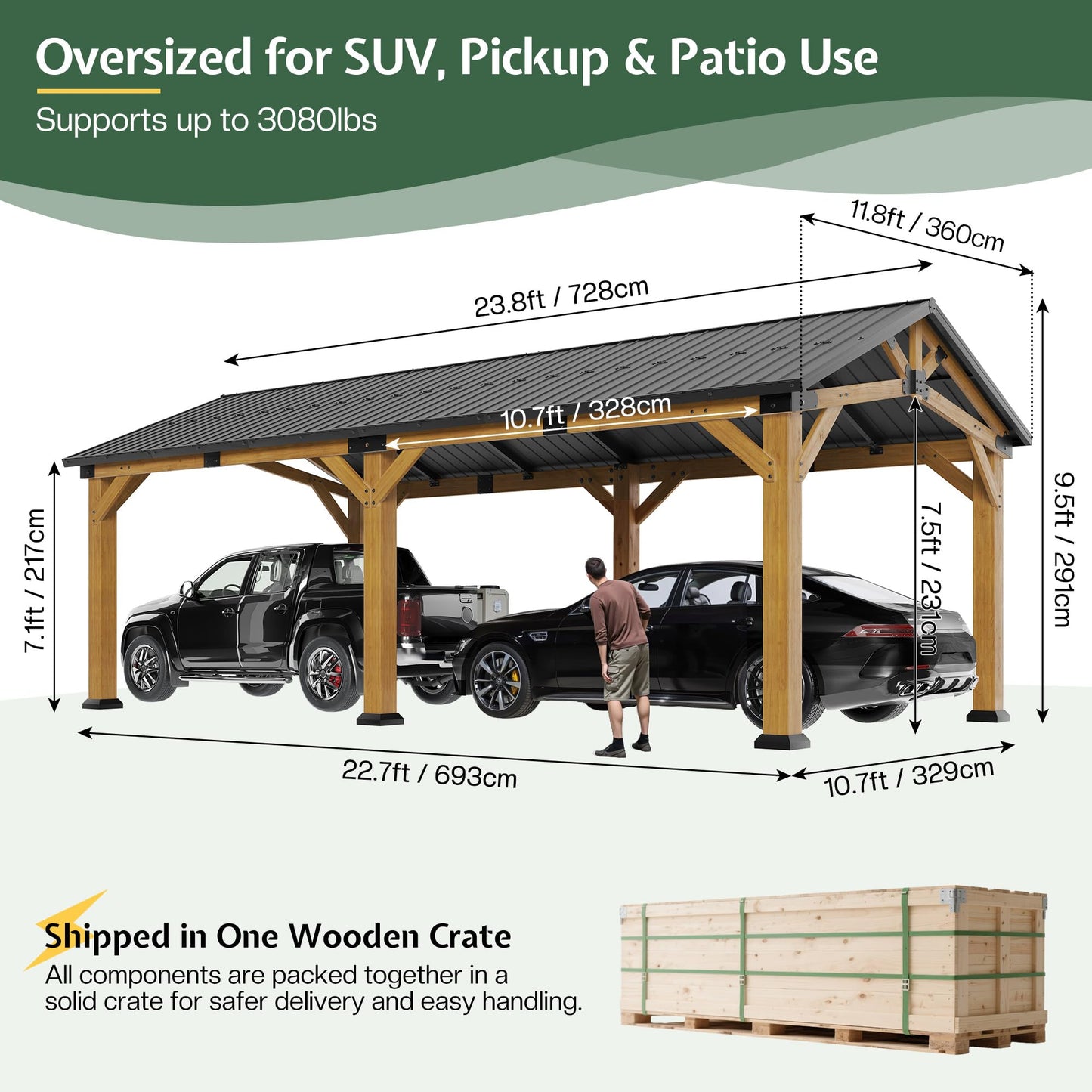 Jocisland 12x24x9.5 FT Cedar Wood Hardtop Carport with Galvanized Steel Roof, Waterproof Outdoor Gazebo Pavilion, Heavy-Duty Snow & Wind Resistant Canopy for Patio, Driveway, Garden