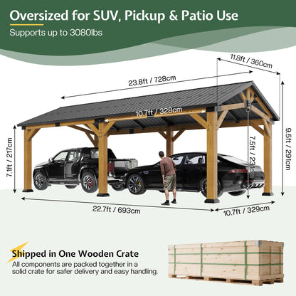 Jocisland 12x24x9.5 FT Cedar Wood Hardtop Carport with Galvanized Steel Roof, Waterproof Outdoor Gazebo Pavilion, Heavy-Duty Snow & Wind Resistant Canopy for Patio, Driveway, Garden