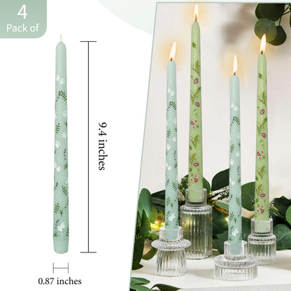 Printed Taper Candle Dripless Candles Sticks - 4 pcs Handmade Green Taper Candle 10 inches Long Tapered Candles for Home Party Wedding Restaurant Holiday Decor
