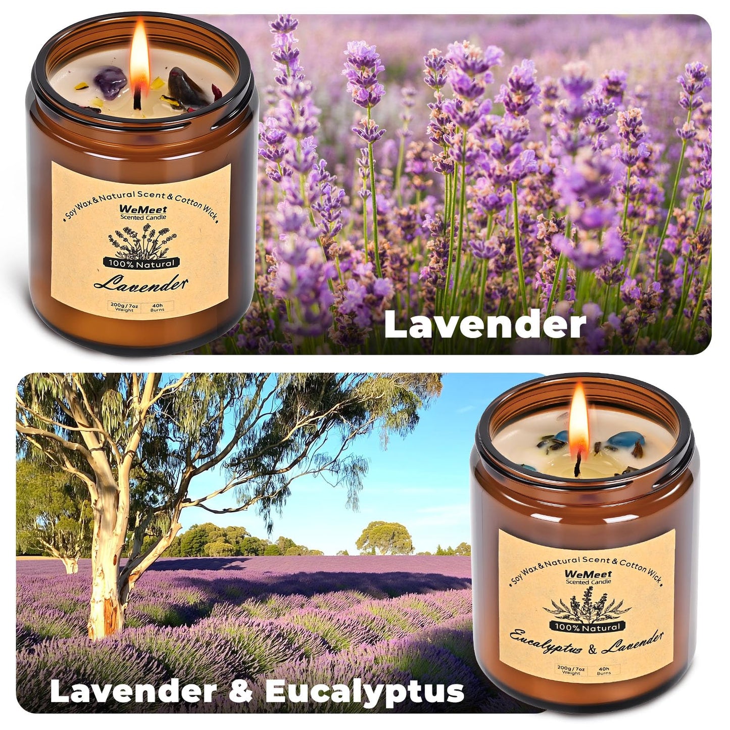 WEMEET 2 Pack Scented Candles Gift Set, Lavender Candles for Home Scented with Crystals 7oz, Eucalyptus Lavenderjar Candle with Dried Flowers, Aromatherapy Candle for Birthday, Mother'S Day, Christmas