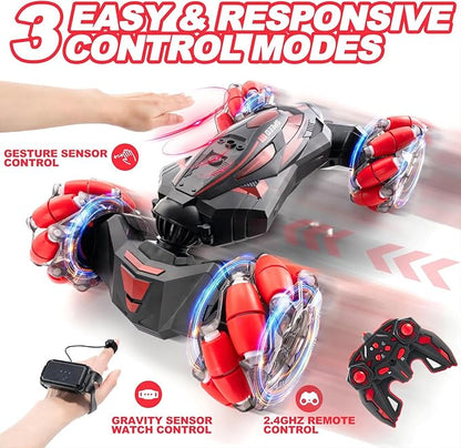 1:10 Remote Control Stunt Car 4WD 2.4 GHz Hand Gesture Sensing RC Crawler Vehicle 360° Flips with Lights Music Spray Birthday Presents Toy Cars for Kids Both Boys and Girls Aged 6-12 (Red)