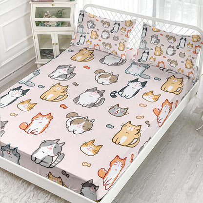 XYNHML Kids Cute Cat Fitted Sheet Set 3Pcs Cartoon Pet Cat Fishing Quilt Bed Sheets Twin Lovely Animal Bedding Set for Boys Teens Adult Includes 1 Fitted Sheet,2 Pillowcases
