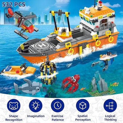 City Ocean Explorer Ship Building Set Fun Toy Exploration Boat Building Block Kit with LED Lights Helicopter Submarine Birthday for Boys Girls Kids 6 8 10+