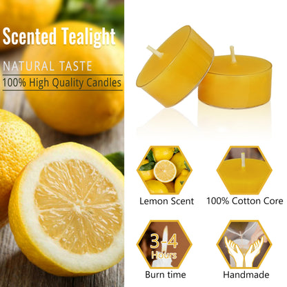 Yellow Candles Tea Lights Smokeless Lemon Scent Tealight Candles Handmade Tealights Set of 24 Long Burning for Wedding Meditation Dinner Home Decor